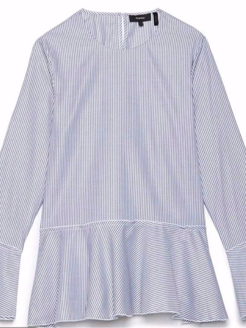 Theory Petite Grey White Pinstripe Bell Sleeve Peplum Blouse P XS Cotton Top - Picture 3 of 7